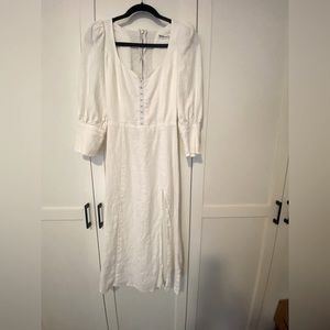 Reformation White Linen Midi Dress 3/4 Puffed Sleeves, Side Slit, Smocking Sz. 2